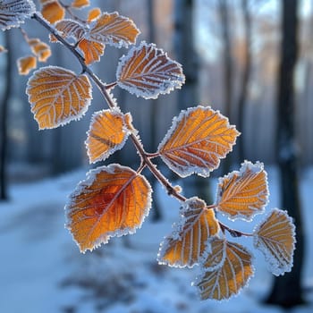 Frost-covered leaves on a brisk winter morning, symbolizing the beauty of the cold season.