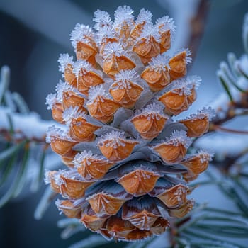 Macro shot of frost on a pine cone, showcasing winter's intricate details.