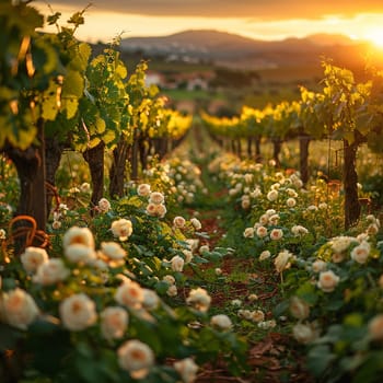 Golden hour sunlight filtering through a vineyard, creating a warm and inviting atmosphere.
