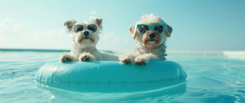 Puppy dog summer vacation inside of a ring swimming pool float. High angle view. High quality photo