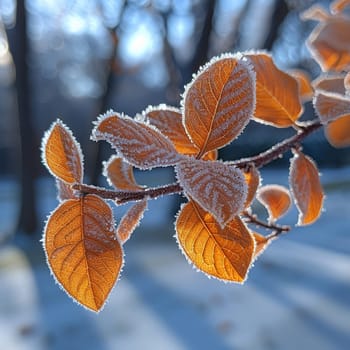 Frost-covered leaves on a brisk winter morning, symbolizing the beauty of the cold season.