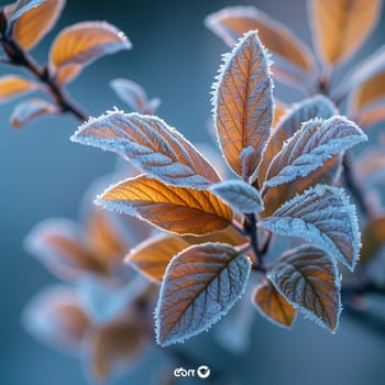 Frost-covered leaves on a brisk winter morning, symbolizing the beauty of the cold season.