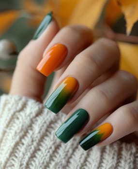 Female hand with long nails and bright green manicure with bottles of nail polish. High quality photo