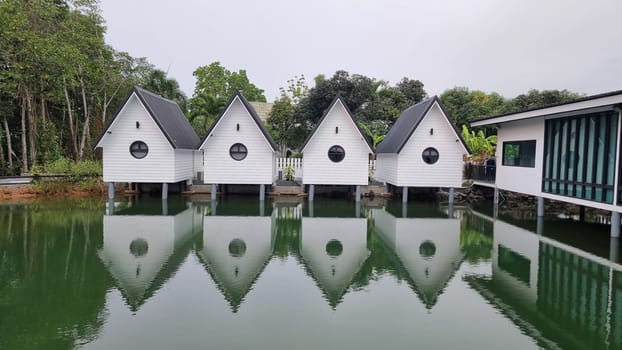 A serene scene featuring a line of pristine white houses perched gracefully on the calm surface of a lake, reflecting a dreamy and magical ambiance.