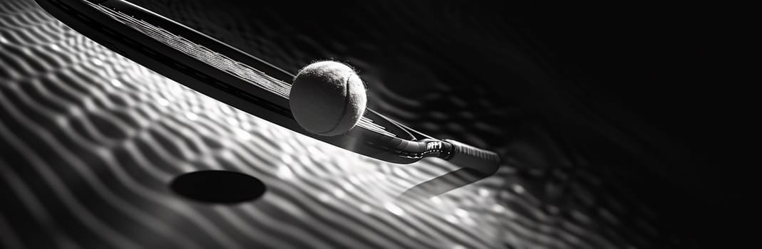 Tennis racket racquet isolated against a black background in black and white. High quality photo
