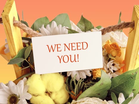WE NEED YOU Message written on a business card placed in a basket with blooming flowers