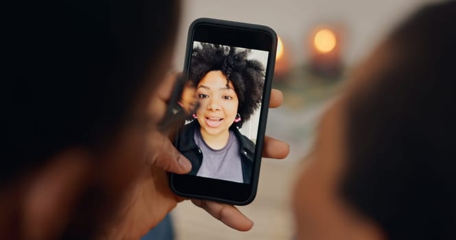 Couple, screen and a phone for a video call with a woman for communication or marriage advice. Social media, home and people speaking to a consultant on a mobile for a conversation or contact.