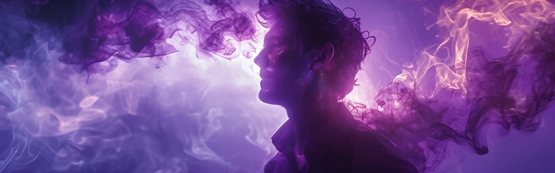 Aura energy. Inner harmony. Spiritual contemplation. Double exposure profile silhouette of man face with purple blue pink color smoke isolated on white copy space. High quality photo