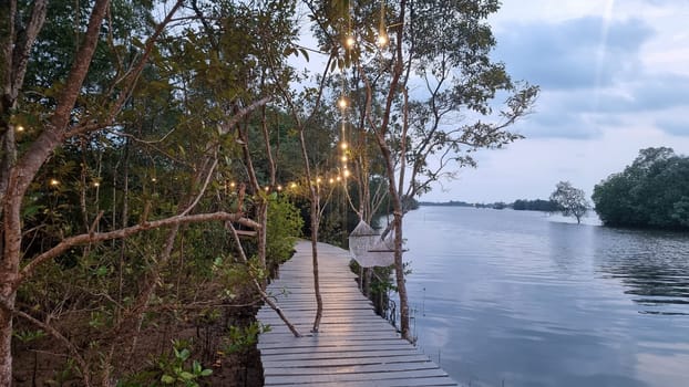 A wooden walkway winds through a lush forest, leading to a serene lake enveloped by towering trees. Chantaburi Thailand