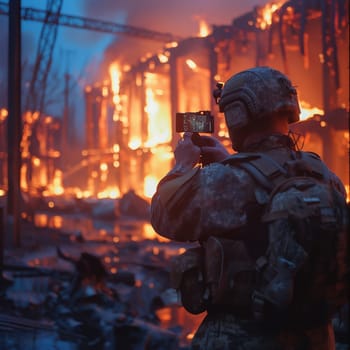 War in battlefield. Digital Art Illustration Painting .a soldier takes a picture by a burning moscow. High quality photo