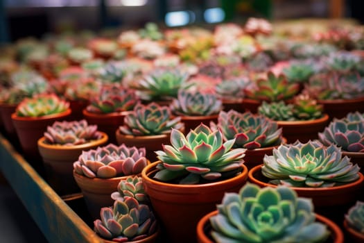 succulents in a greenhouse in clay pots are arranged in rows on a wooden surface