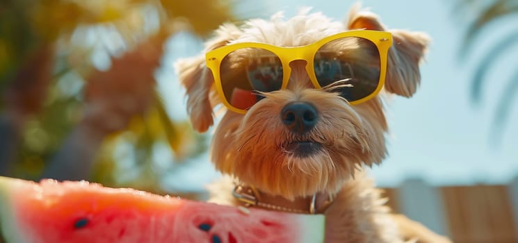 Smiling puppy wearing sunglasses holds a watermelon. High quality photo
