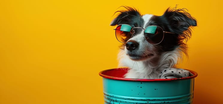 funny puppy dog going on vacations wearing sunglasses, Isolated on yellow background. High quality photo