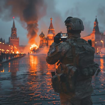 War in battlefield. Digital Art Illustration Painting .a soldier takes a picture by a burning moscow. High quality photo