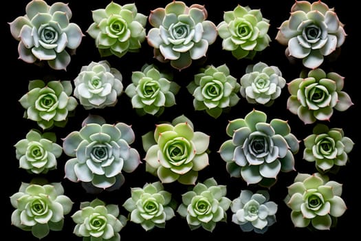 succulents, cacti on a black background, pattern. Flat lay, top view