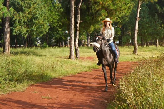 Young woman in shirt and straw hat, riding brown horse in the park, blurred background with houses and trees