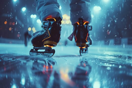 skates ice evening legs outside, abstract background winter sport. High quality photo