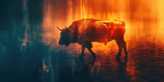 silhouette form of bull on financial stock market graph represent stock market rising or uptrend investment 3d illustration