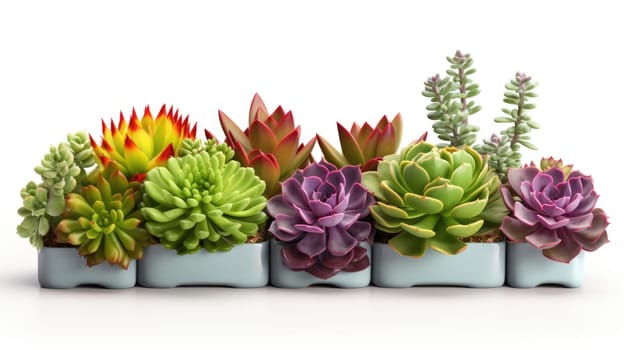 Collection of various cacti and juicy plants in various pots. Houseplants on a white background.