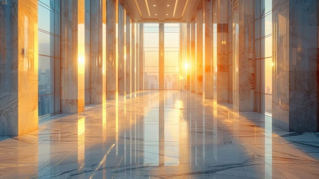 A beautiful modern spacious office hall with panoramic windows and a perspective in pleasant orange and blue tones.