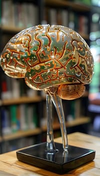 A glass model of a human brain is displayed on a wooden table, serving as a unique mix of science, art, and fashion accessory