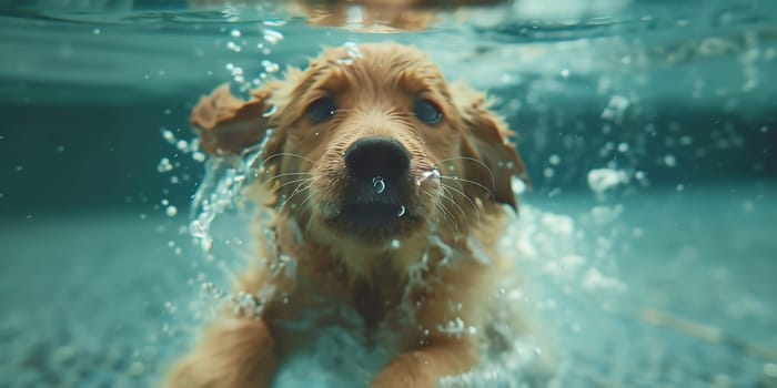 closeup wide angle underwater photo upshot of a dog underwater. High quality photo