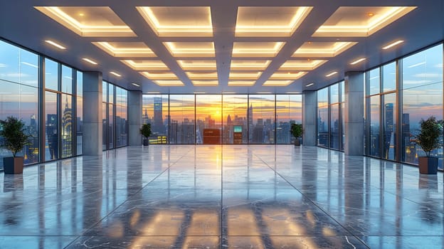 A beautiful modern spacious office hall with panoramic windows and a perspective in pleasant orange and blue tones.