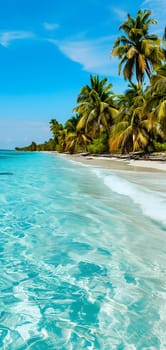 tropical beach view at sunny day with white sand, turquoise water and palm tree. Neural network generated image. Not based on any actual scene or pattern.