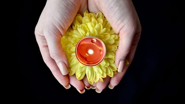 Celebration of the religious Indian festival of Diwali. Yellow flowers in woman's hand with burning holi candles at Hindi festival close-up, isolated, black background