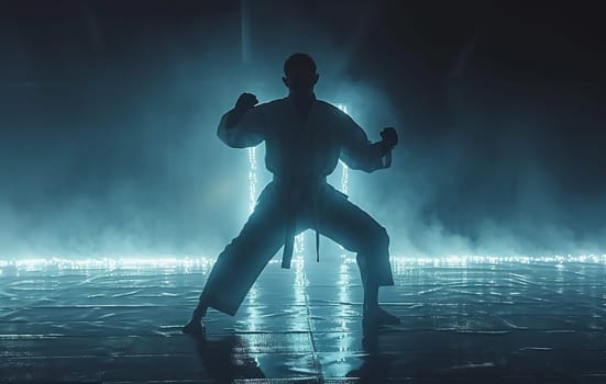 coach of karate, man, fighter or athlete posing in fighting stance with fists in white kimono, suit, with belt on beige wall. Martial art and energy. High quality photo