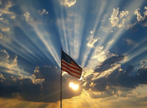 American flag in front of bright sky. High quality photo