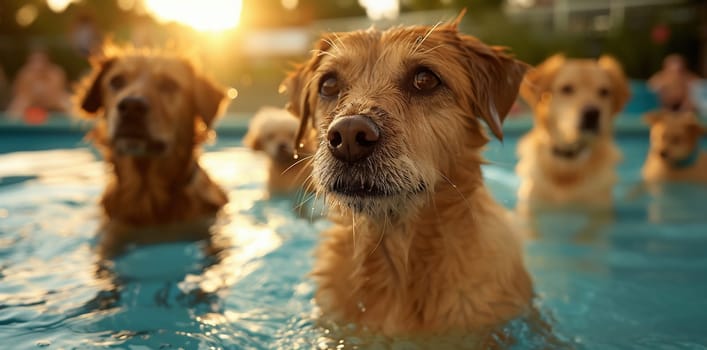 Portrait of dogs playing in the pool. High quality photo