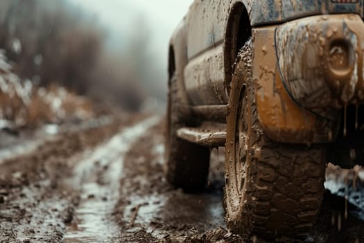 The offroader is driving across the field and mud is in the way, splashes of slush are flying in all directions. Poor road quality in countryside. High quality photo