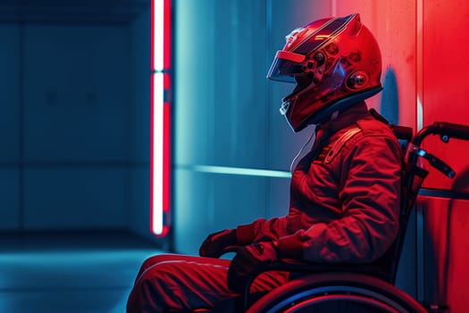 A man in overalls with a cyber helmet on his head, sitting in a wheelchair in an old apartment, high technology and a low standard of living of society, concept. High quality photo