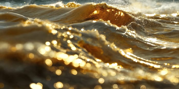 Golden waves. Sea at sunset. Generative AI. High quality photo