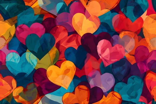 seamless full-frame background of colorful hearts. Neural network generated image. Not based on any actual person or scene.