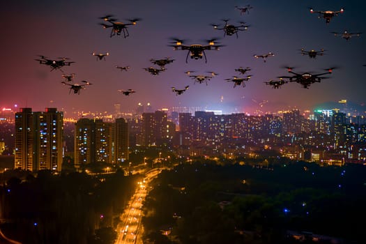 Group of drones over city at summer night. Neural network generated image. Not based on any actual scene or pattern.