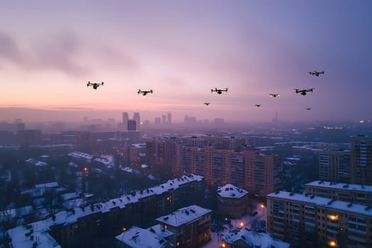 group of drones over city at winter sunset or sunrise. Neural network generated image. Not based on any actual scene or pattern.