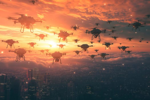 Swarm of drones over city at summer morning. Neural network generated image. Not based on any actual scene or pattern.