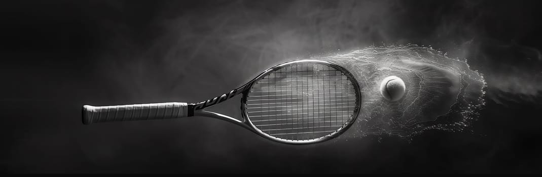 Tennis racket racquet isolated against a black background in black and white. High quality photo