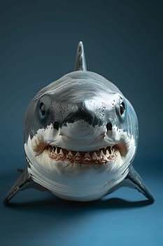 A Lamniformes shark with braces on its teeth is smiling and looking at the camera, showcasing its cartilaginous fish snout. This fluid marine biology creature is in its element, surrounded by water