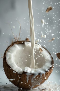 A glass of milk is being poured into a coconut.