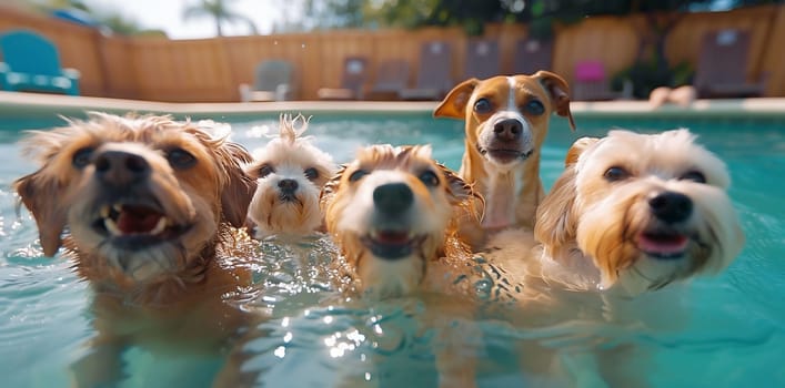 cute dogs swimming and play in the swimming pool. High quality photo