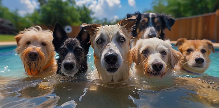 Portrait of dogs playing in the pool. High quality photo