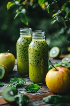 Two glass jars filled with green smoothie stand next to ripe kiwi fruit on a table.