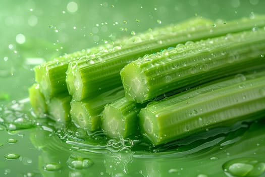 A close-up view of a bunch of fresh celery stalks, showing their green color and fibrous texture.