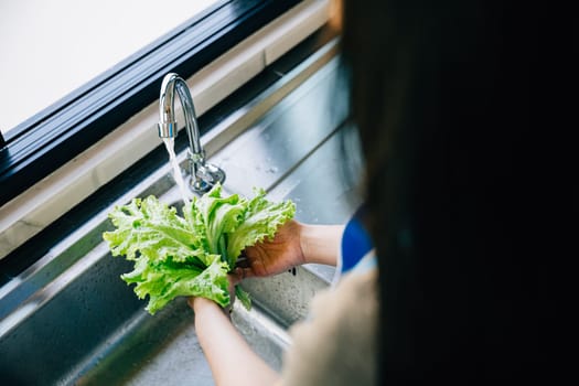 A woman's hands washing fresh vegetables under running water in a modern kitchen sink for a vegan salad preparation. Emphasizing hygiene and clean eating habits at home.