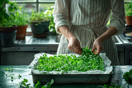 A woman grows microgreens at home in her kitchen. Close-up.