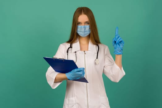 Covid19, coronavirus, healthcare. Portrait of professional confident young caucasian doctor in medical mask and white coat, stethoscope over neck, ready help patient, fight disease - image