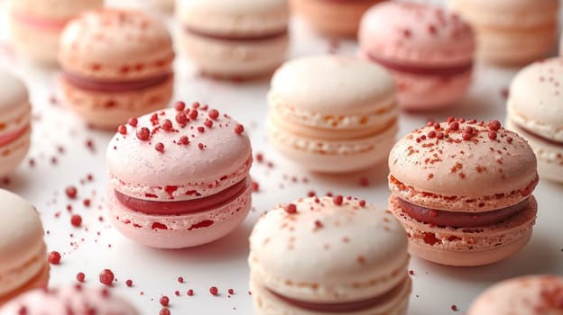 Minimalist close up composition of pink macarons on a white background table.